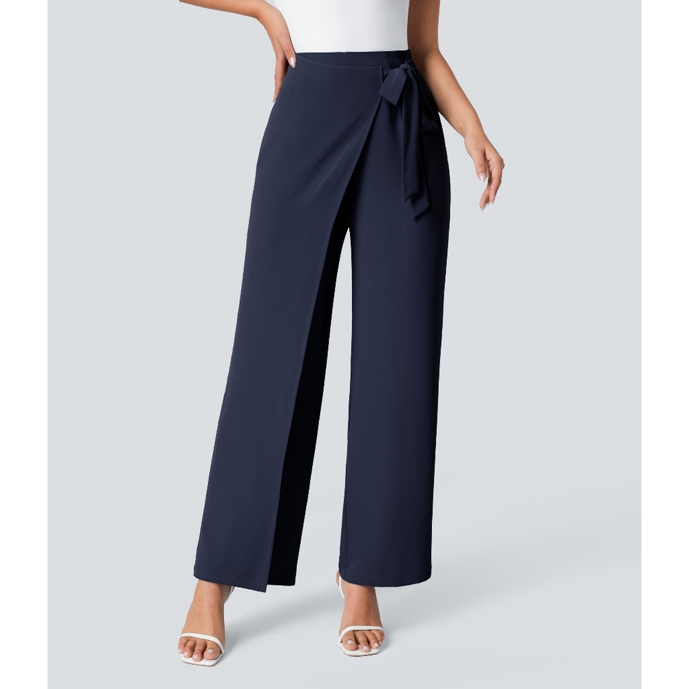 Halara High Waisted Tie Side Invisible Zipper Wide Leg Work Trousers Size L